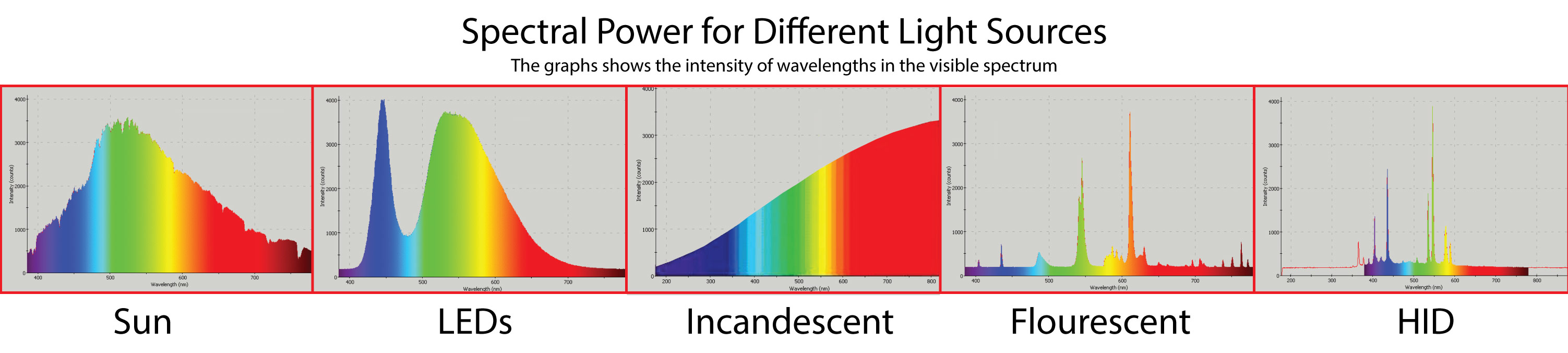 Visual graph showing spectral power for different light sources.